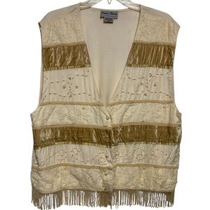 Cross towne 20 embellished rayon button up fringed vest cream beaded velvet